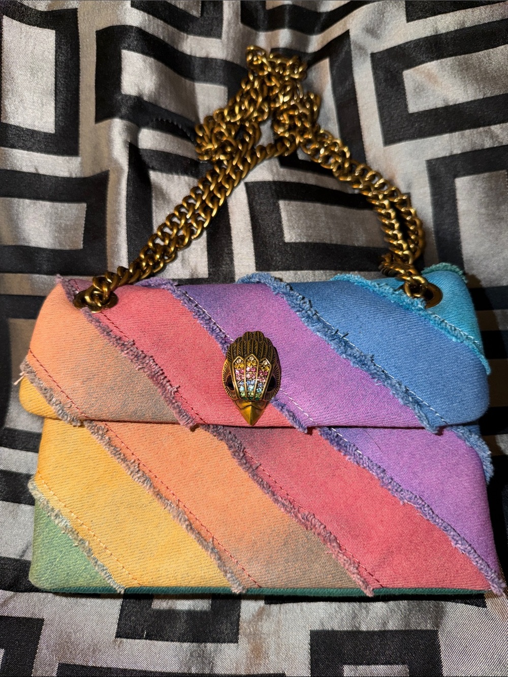 Kurt Geiger Multicolor Pastel Diagonal Stripe Shoulder Bag with Gold Chain
